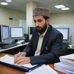 A Kashmiri man in traditional attire working diligently inside a modern bank. His expression is serious and focused, surrounded by computers and official documents.