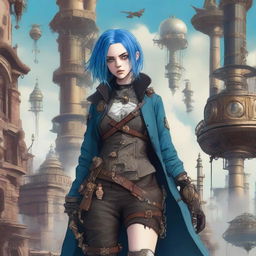 Billie Eilish depicted as a rogue in a steampunk setting, wielding a greatsword