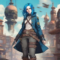 Billie Eilish depicted as a rogue in a steampunk setting, wielding a greatsword