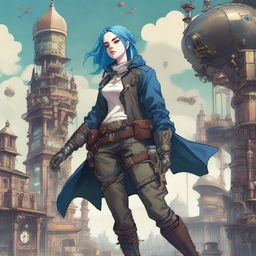 Billie Eilish depicted as a rogue in a steampunk setting, wielding a greatsword