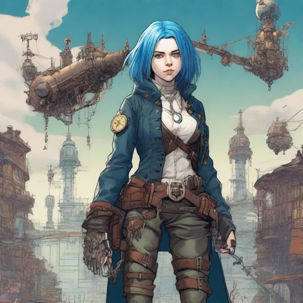 Billie Eilish depicted as a rogue in a steampunk setting, wielding a greatsword