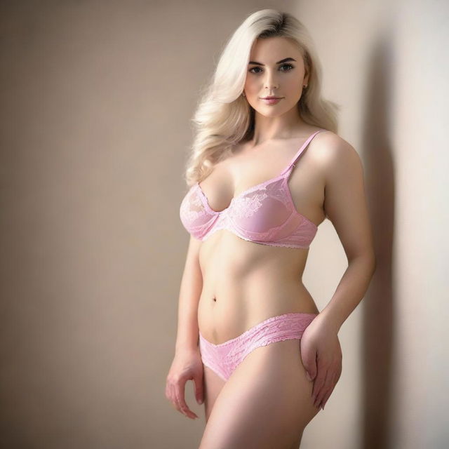 A blonde transgender woman with very large breasts, wide hips, a slim waist, and an enhanced buttocks, wearing pink lingerie