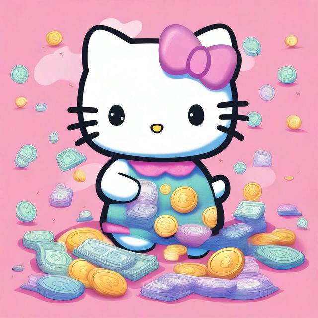 A cute illustration of Hello Kitty happily spreading money around