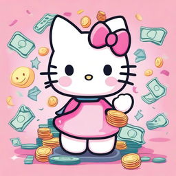 A cute illustration of Hello Kitty happily spreading money around