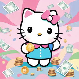 A cute illustration of Hello Kitty happily spreading money around