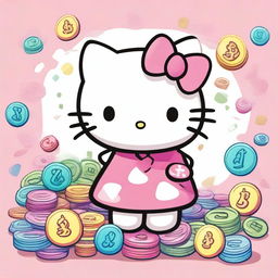 A cute illustration of Hello Kitty happily spreading money around