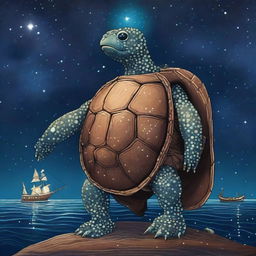 A seafaring turtle man with glowing barnacles arranged in constellations on his shell