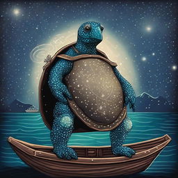 A seafaring turtle man with glowing barnacles arranged in constellations on his shell