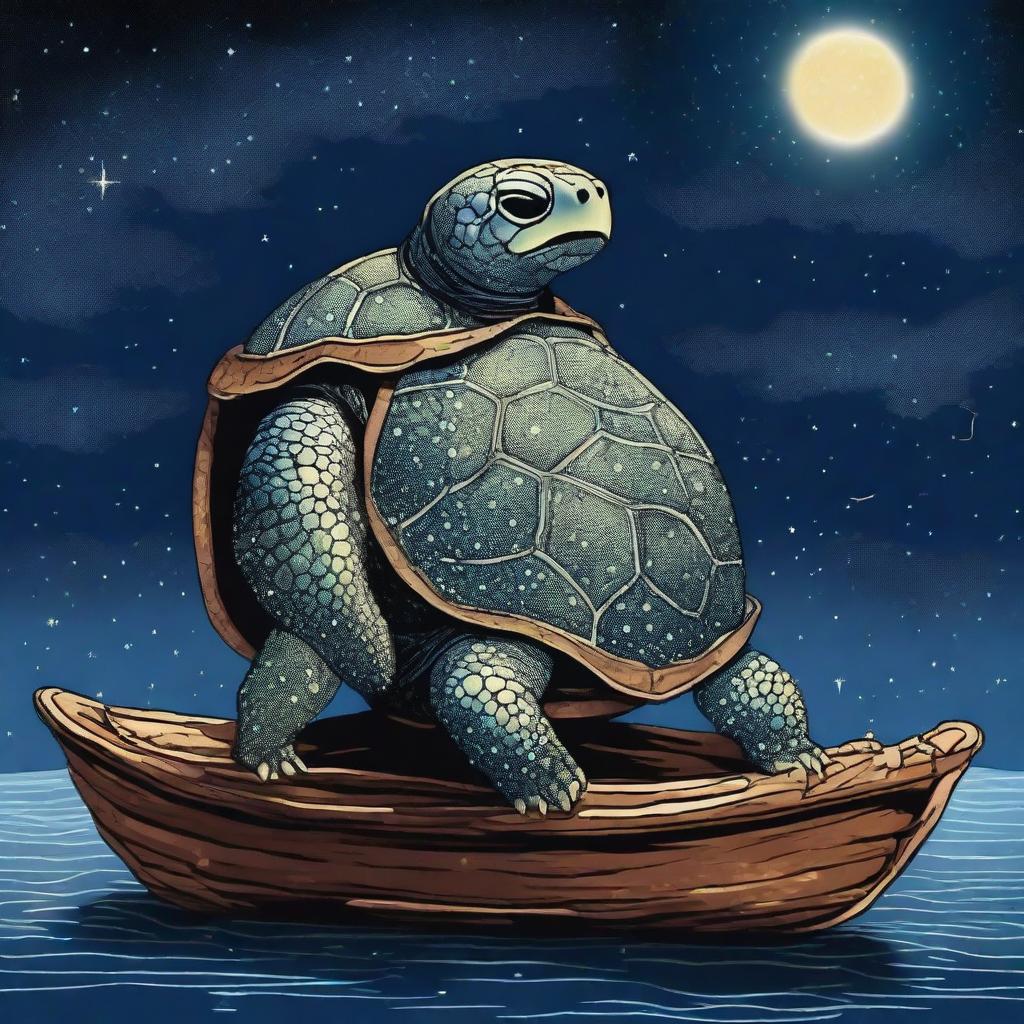 A seafaring turtle man with glowing barnacles arranged in constellations on his shell