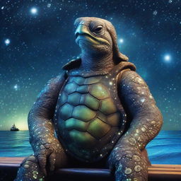 An old weathered sea captain turtle man with his shell covered in glowing barnacles that are arranged in the constellations of the galaxy