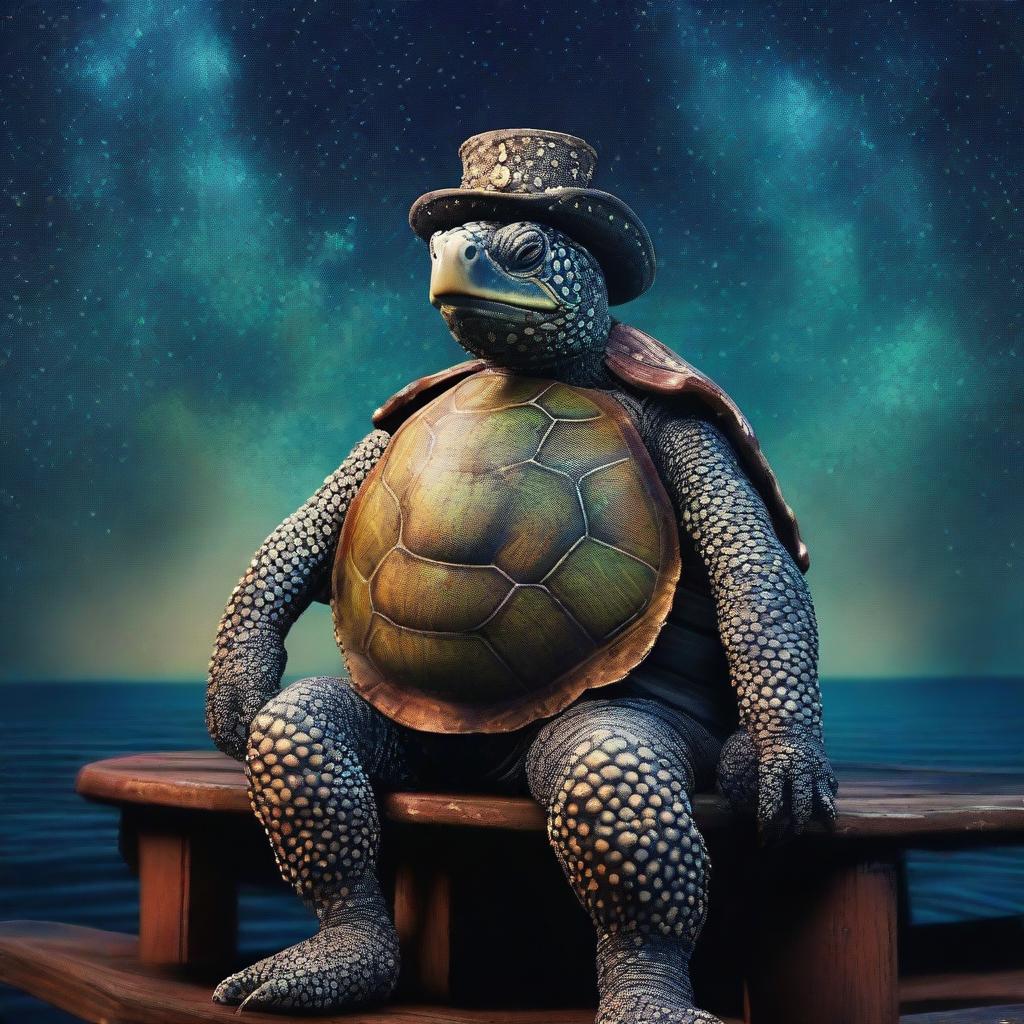 An old weathered sea captain turtle man with his shell covered in glowing barnacles that are arranged in the constellations of the galaxy