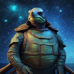 An old weathered sea captain turtle man with his shell covered in glowing barnacles that are arranged in the constellations of the galaxy