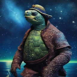 An old weathered sea captain turtle man with his shell covered in glowing barnacles that are arranged in the constellations of the galaxy