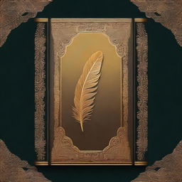 A book cover design with a dark background, featuring a central golden feather imprint