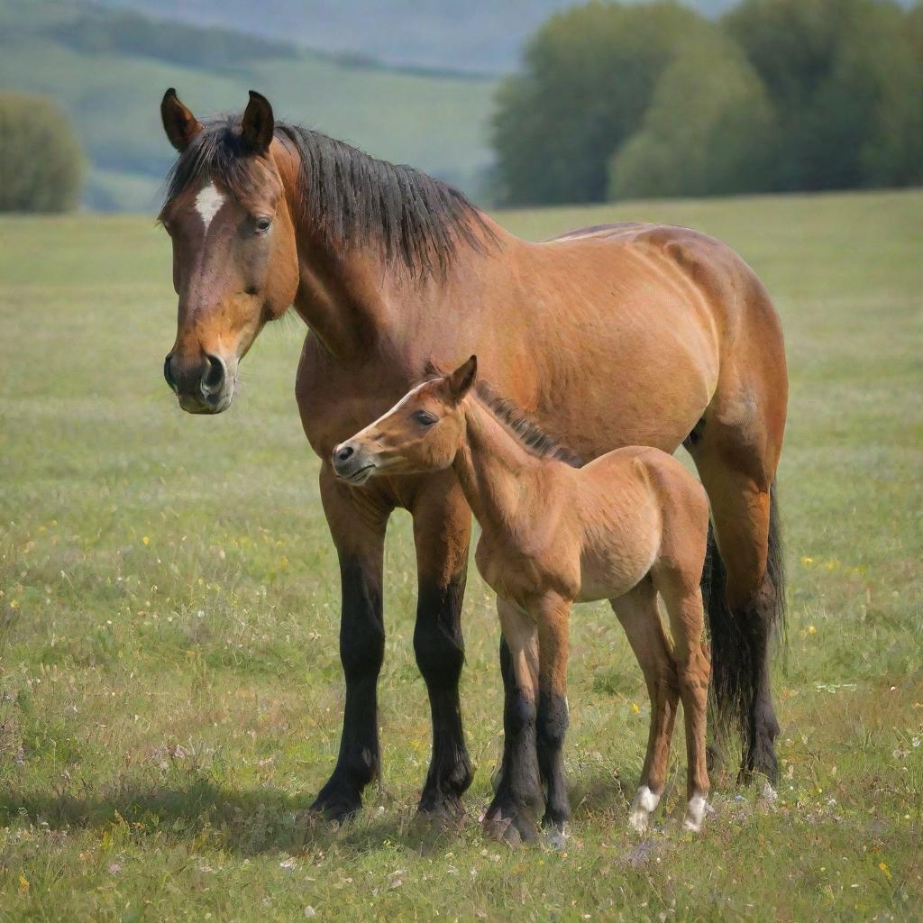 A majestic adult horse gently nuzzling its playful foal in a verdant, sunlit meadow filled with wildflowers