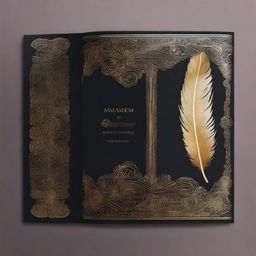 A book cover design with a dark background, featuring a central golden feather imprint