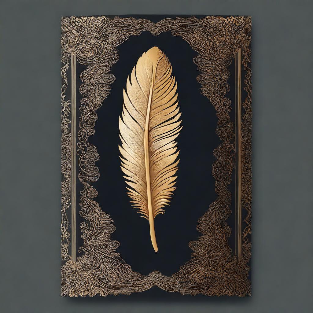 A book cover design with a dark background, featuring a central golden feather imprint