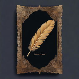 A book cover design with a dark background, featuring a central golden feather imprint