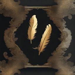 A book cover design featuring a dark background with a golden feather imprint at the center