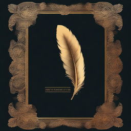 A book cover design featuring a dark background with a golden feather imprint at the center