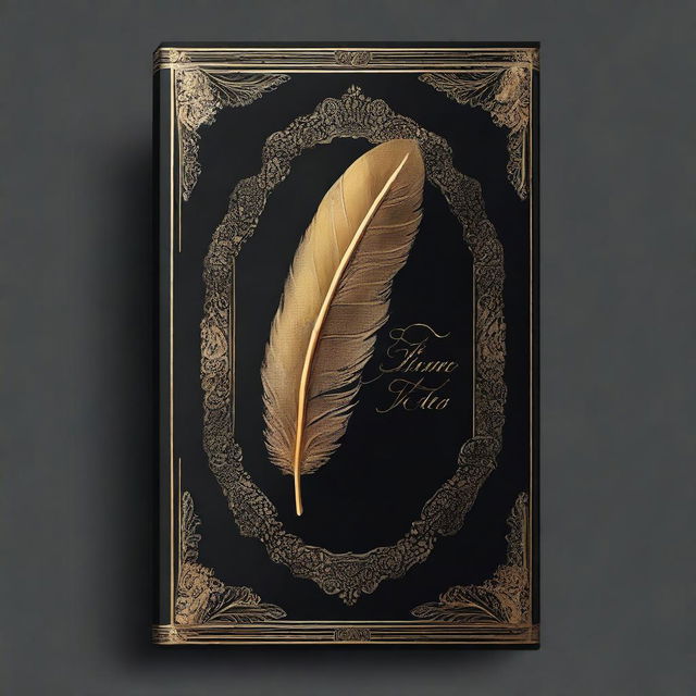 A book cover design featuring a dark background with a golden feather imprint at the center