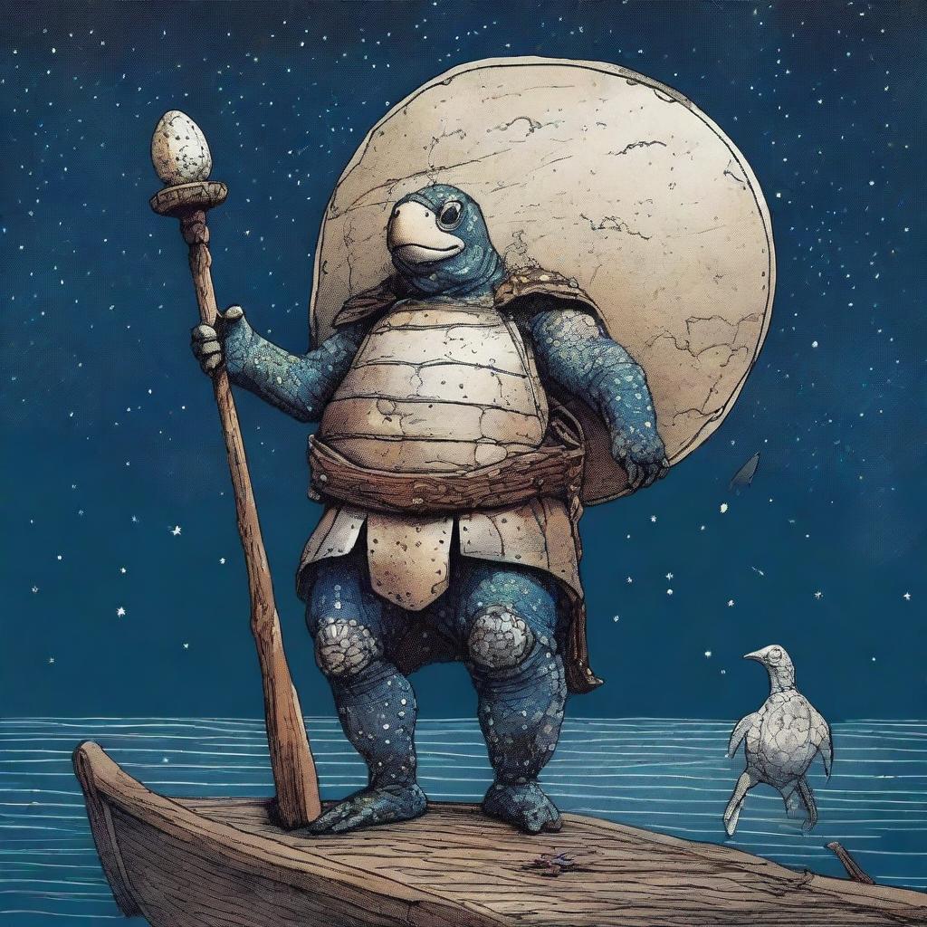 An ancient, weathered turtle man with a shell completely covered in glowing barnacles arranged in constellations of the night sky