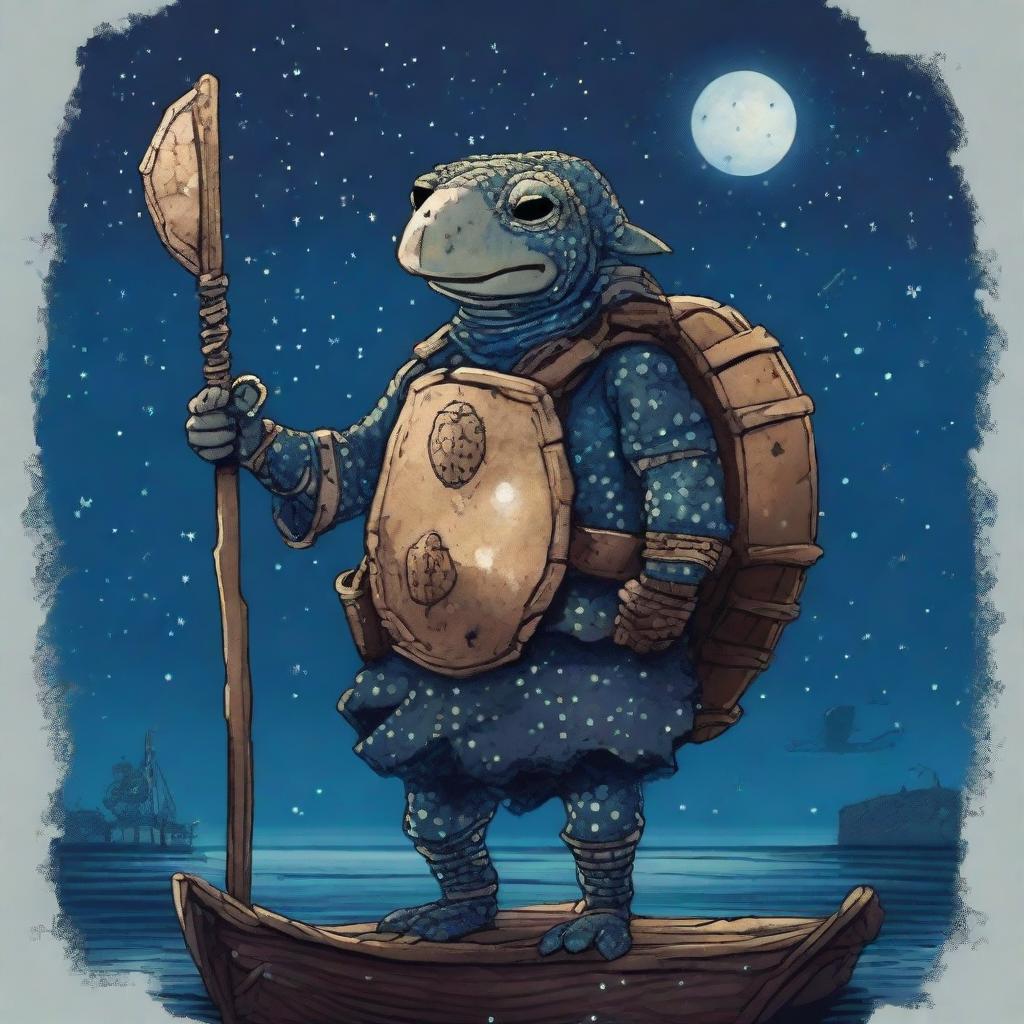 An ancient, weathered turtle man with a shell completely covered in glowing barnacles arranged in constellations of the night sky