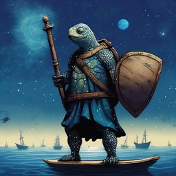 An ancient, weathered turtle man with a shell completely covered in glowing barnacles arranged in constellations of the night sky