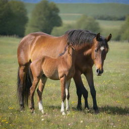 A majestic adult horse gently nuzzling its playful foal in a verdant, sunlit meadow filled with wildflowers