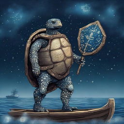 An ancient, weathered turtle man with a shell completely covered in glowing barnacles arranged in constellations of the night sky