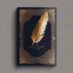 A book cover design featuring a dark background with a golden feather imprint in the center