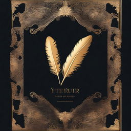 A book cover design featuring a dark background with a golden feather imprint in the center