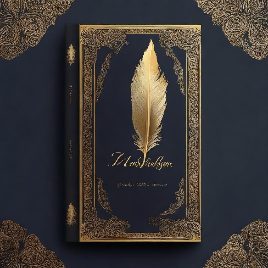 A book cover design featuring a dark background with a golden feather imprint in the center