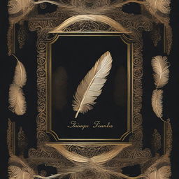 A book cover design featuring a dark background with a golden feather imprint in the center