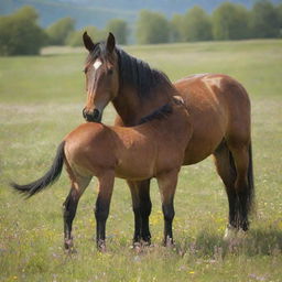 A majestic adult horse gently nuzzling its playful foal in a verdant, sunlit meadow filled with wildflowers