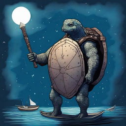 An ancient turtle man with large glowing barnacles across the plates of his shell, arranged in constellations of the night sky