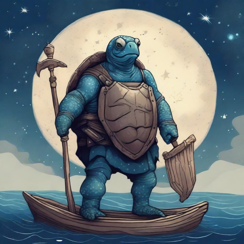 An ancient turtle man with large glowing barnacles across the plates of his shell, arranged in constellations of the night sky