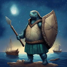 An ancient turtle man with large glowing barnacles across the plates of his shell, arranged in constellations of the night sky