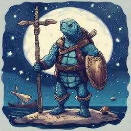 An ancient turtle man with large glowing barnacles across the plates of his shell, arranged in constellations of the night sky