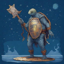 An ancient, weathered turtle man with a shell completely covered in glowing barnacles across the plates of his back shell, arranged in constellations of the night sky