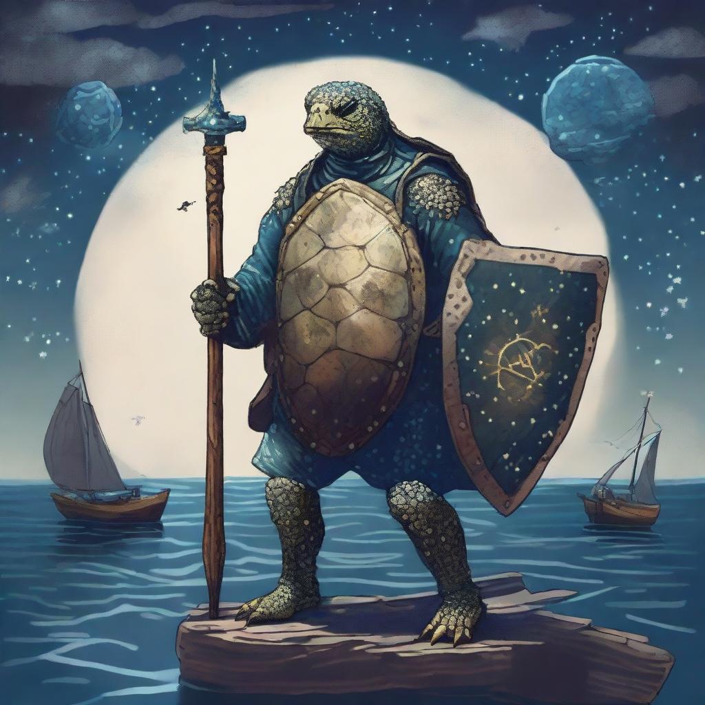 An ancient, weathered turtle man with a shell completely covered in glowing barnacles across the plates of his back shell, arranged in constellations of the night sky