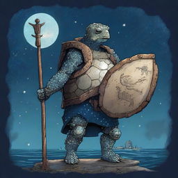 An ancient, weathered turtle man with a shell completely covered in glowing barnacles across the plates of his back shell, arranged in constellations of the night sky