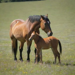 A majestic adult horse gently nuzzling its playful foal in a verdant, sunlit meadow filled with wildflowers