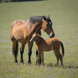 A majestic adult horse gently nuzzling its playful foal in a verdant, sunlit meadow filled with wildflowers