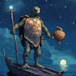 An ancient, weathered turtle man with a shell completely covered in glowing barnacles across the plates of his back shell, arranged in constellations of the night sky