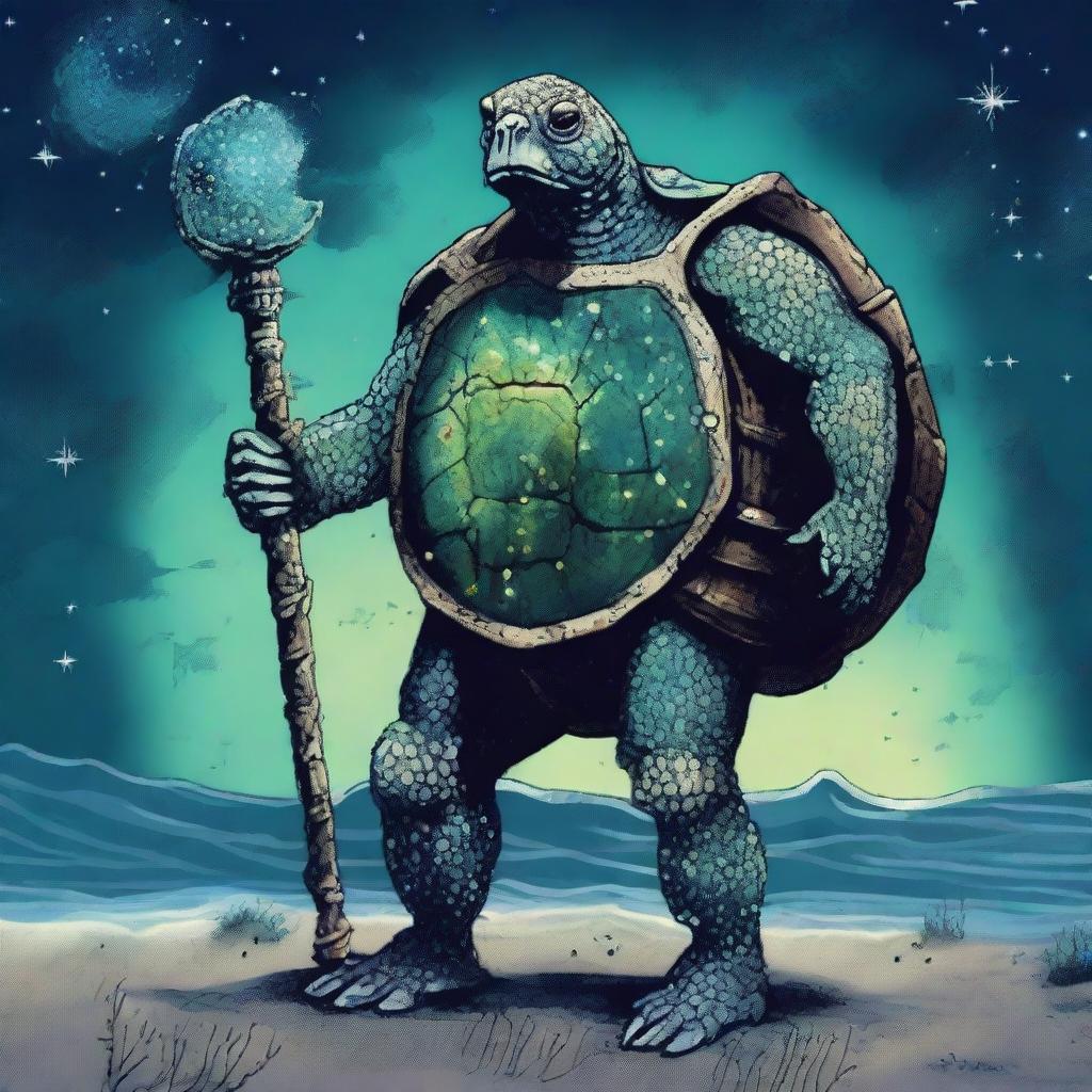 An ancient, weathered turtle man with a shell that is completely covered in prominent glowing barnacles arranged in constellations of the night sky like Ursa Major