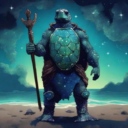 An ancient, weathered turtle man with a shell that is completely covered in prominent glowing barnacles arranged in constellations of the night sky like Ursa Major