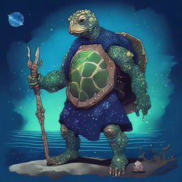 An ancient, weathered turtle man with a shell that is completely covered in prominent glowing barnacles arranged in constellations of the night sky like Ursa Major