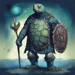 An ancient, weathered turtle man with a shell that is completely covered in prominent glowing barnacles arranged in constellations of the night sky like Ursa Major