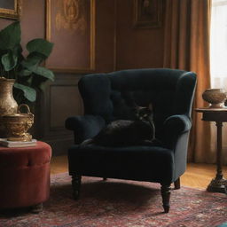 A cozy, warmly lit room with intricate vintage decor and a sleek black cat lounging lazily on a plush velvet chair